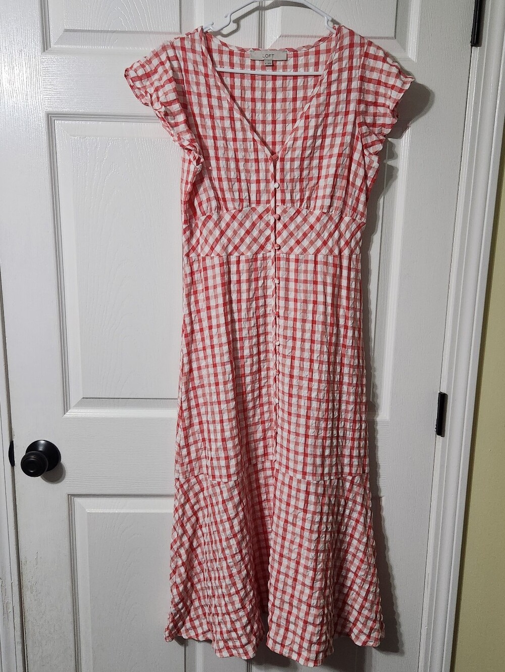 LOFT Pink and White Gingham Button-Front Midi Dress, Size 6